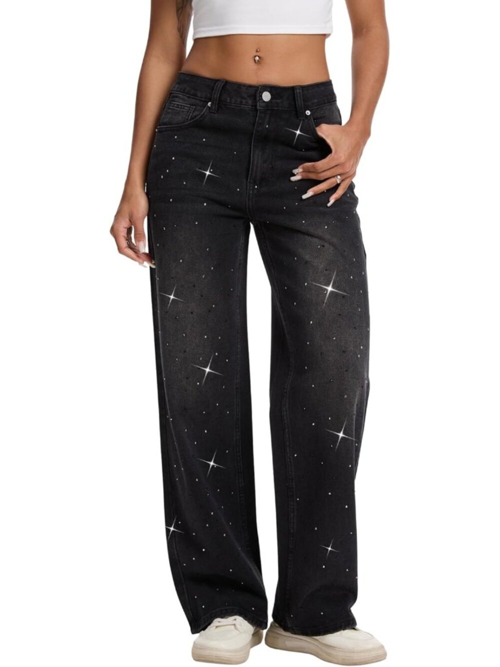 Sparkling Rhinestone Wide Leg Jeans - Vintage Wash Baggy Denim for Parties